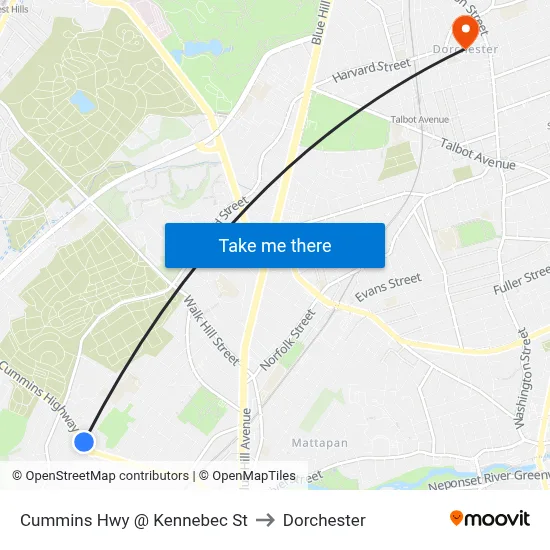 Cummins Hwy @ Kennebec St to Dorchester map