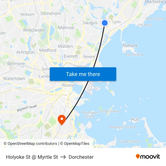Holyoke St @ Myrtle St to Dorchester map
