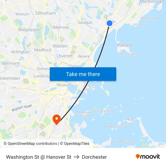 Washington St @ Hanover St to Dorchester map