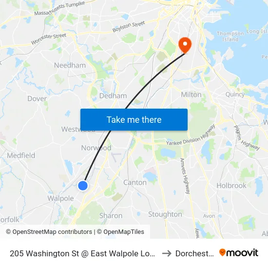 205 Washington St @ East Walpole Loop to Dorchester map