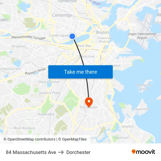 84 Massachusetts Ave to Dorchester map