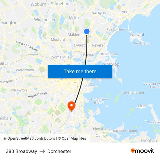 380 Broadway to Dorchester map