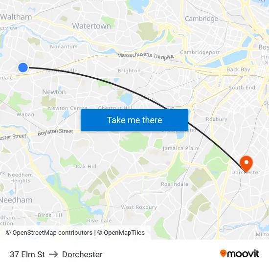 37 Elm St to Dorchester map