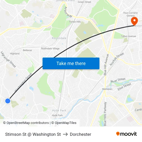 Stimson St @ Washington St to Dorchester map