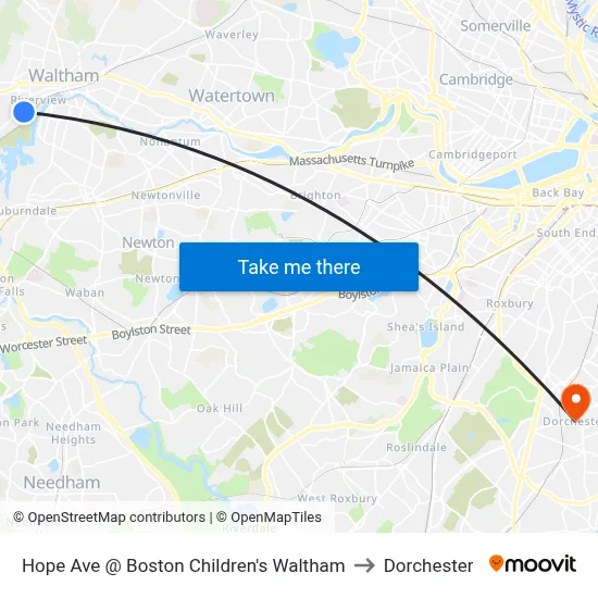 Hope Ave @ Boston Children's Waltham to Dorchester map