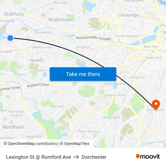 Lexington St @ Rumford Ave to Dorchester map