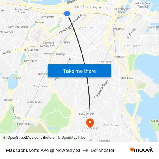 Massachusetts Ave @ Newbury St to Dorchester map