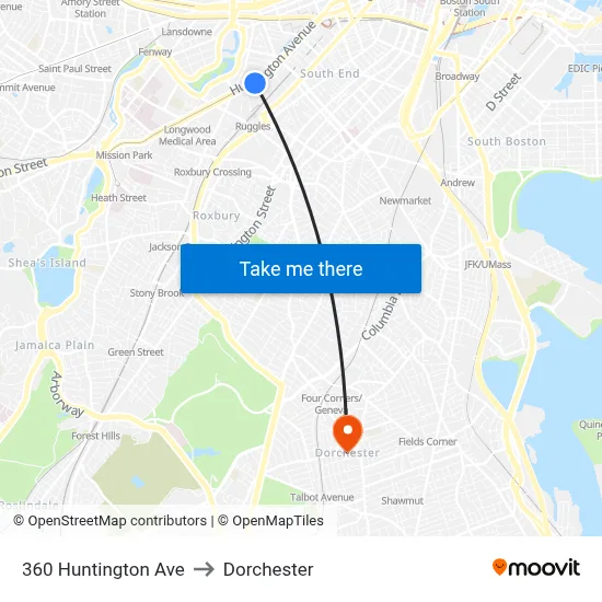 360 Huntington Ave to Dorchester map