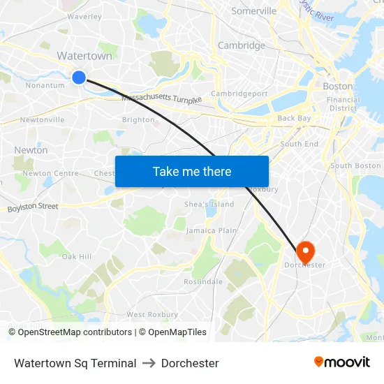 Watertown Sq Terminal to Dorchester map