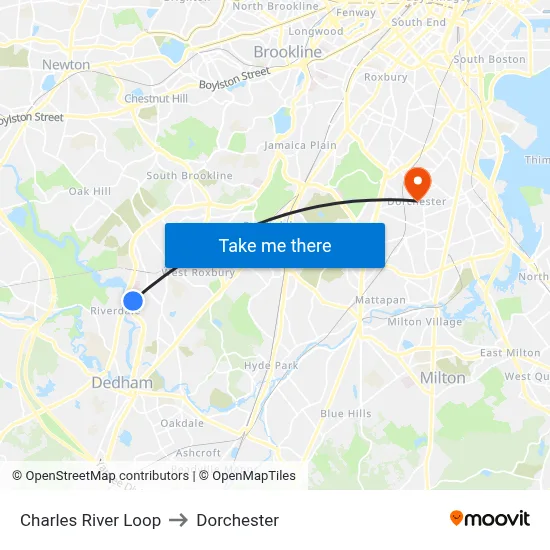 Charles River Loop to Dorchester map