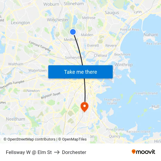Fellsway W @ Elm St to Dorchester map
