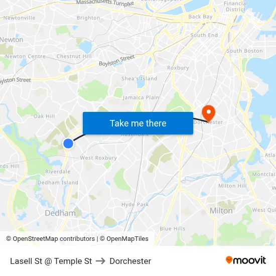 Lasell St @ Temple St to Dorchester map
