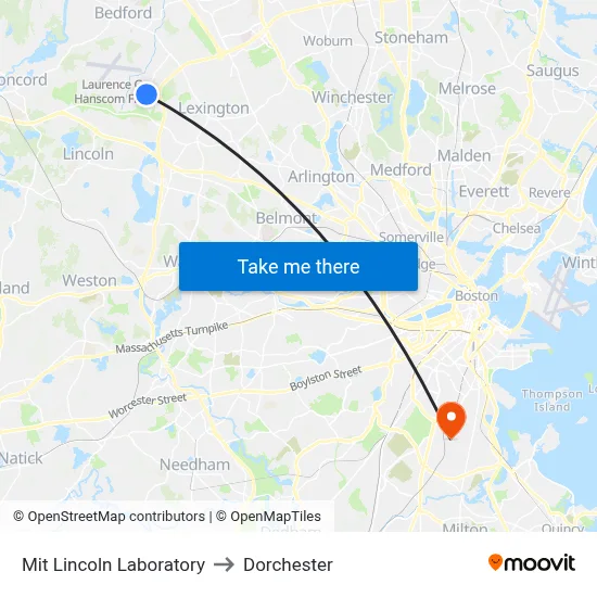 Mit Lincoln Laboratory to Dorchester map