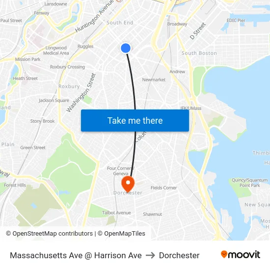 Massachusetts Ave @ Harrison Ave to Dorchester map