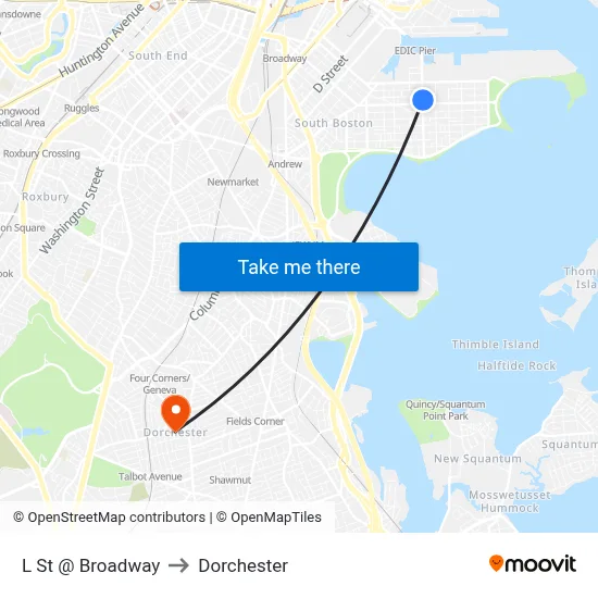 L St @ Broadway to Dorchester map