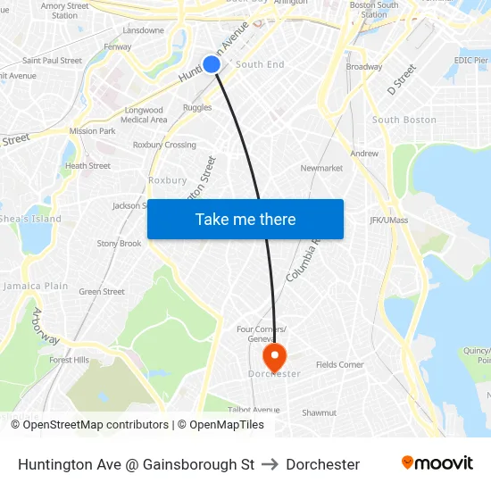 Huntington Ave @ Gainsborough St to Dorchester map