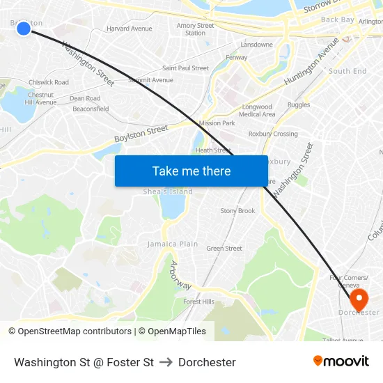 Washington St @ Foster St to Dorchester map