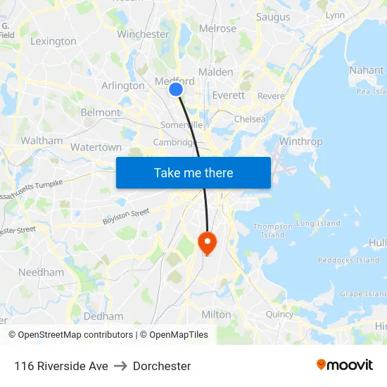 116 Riverside Ave to Dorchester map