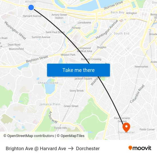 Brighton Ave @ Harvard Ave to Dorchester map