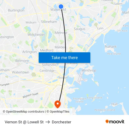 Vernon St @ Lowell St to Dorchester map