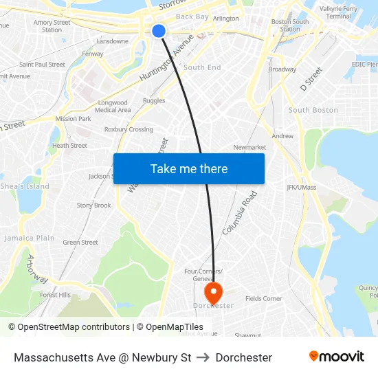 Massachusetts Ave @ Newbury St to Dorchester map