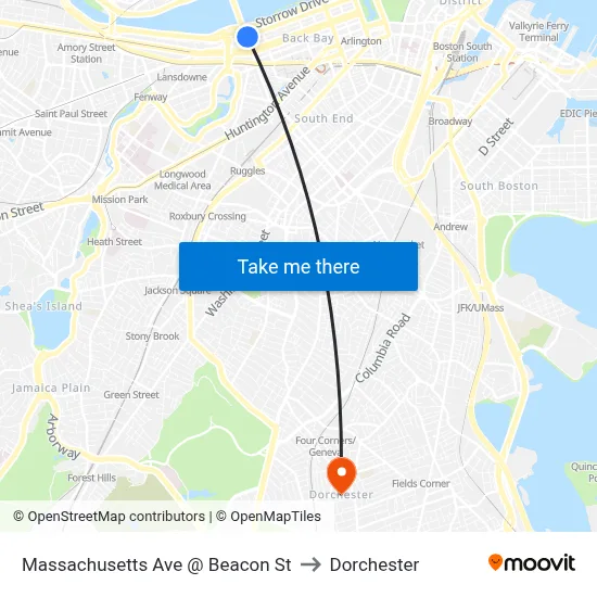 Massachusetts Ave @ Beacon St to Dorchester map