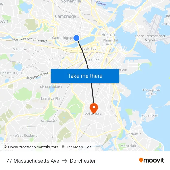 77 Massachusetts Ave to Dorchester map