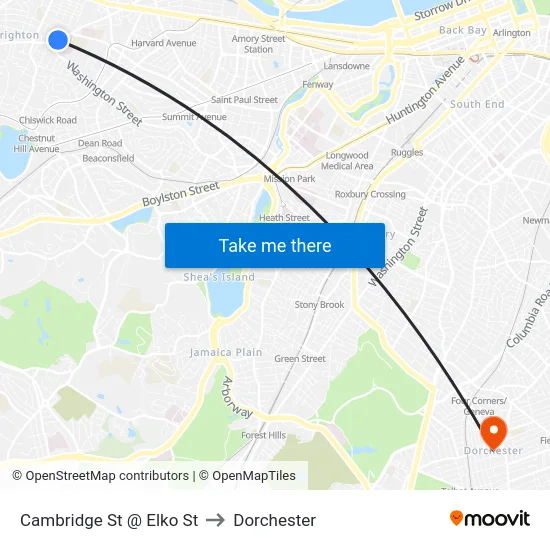 Cambridge St @ Elko St to Dorchester map