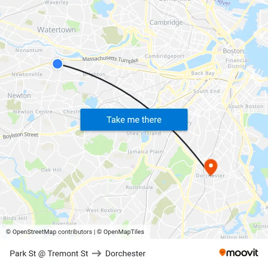 Park St @ Tremont St to Dorchester map