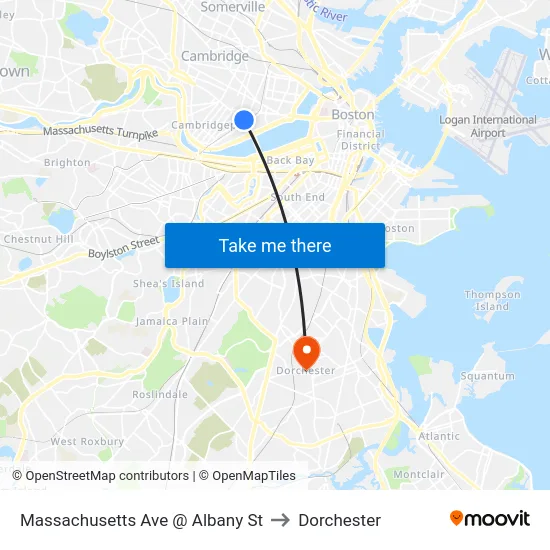 Massachusetts Ave @ Albany St to Dorchester map
