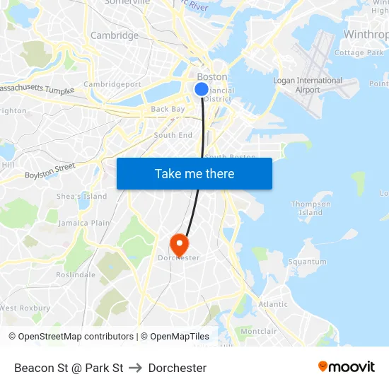 Beacon St @ Park St to Dorchester map