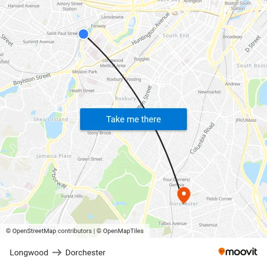 Longwood to Dorchester map