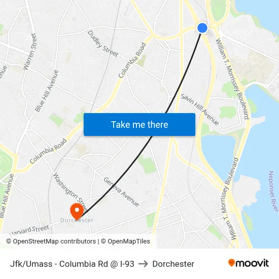 Jfk/Umass - Columbia Rd @ I-93 to Dorchester map