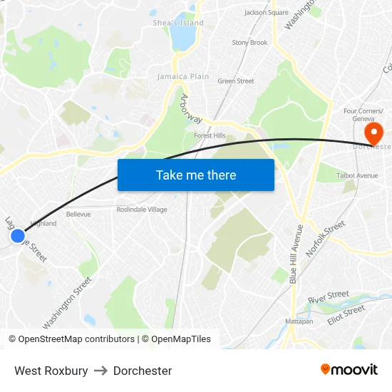 West Roxbury to Dorchester map