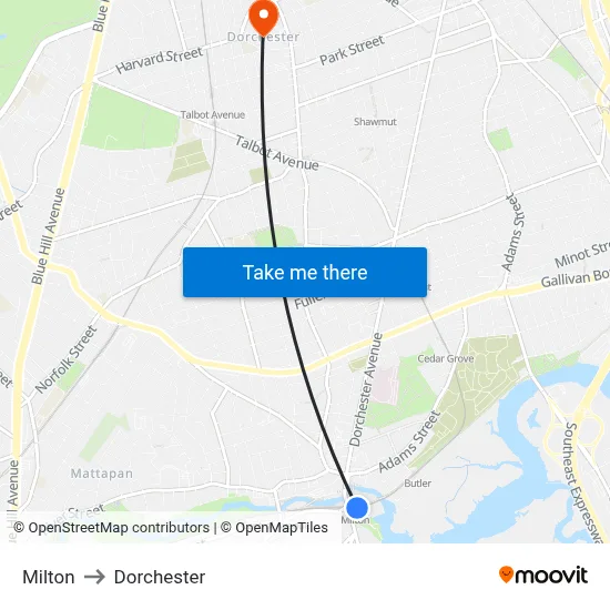 Milton to Dorchester map