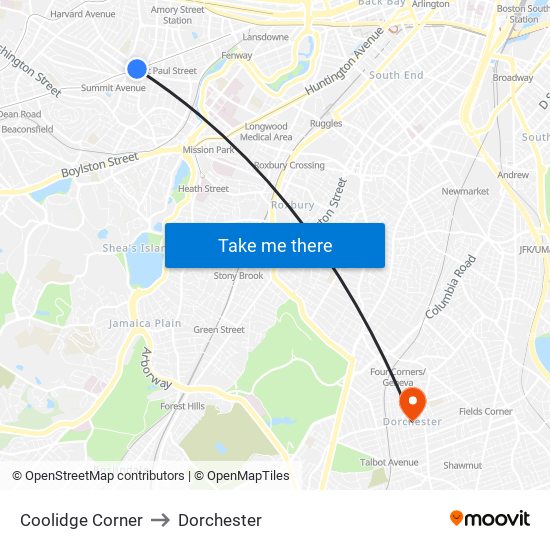 Coolidge Corner to Dorchester map