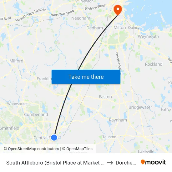 South Attleboro (Bristol Place at Market Basket) to Dorchester map