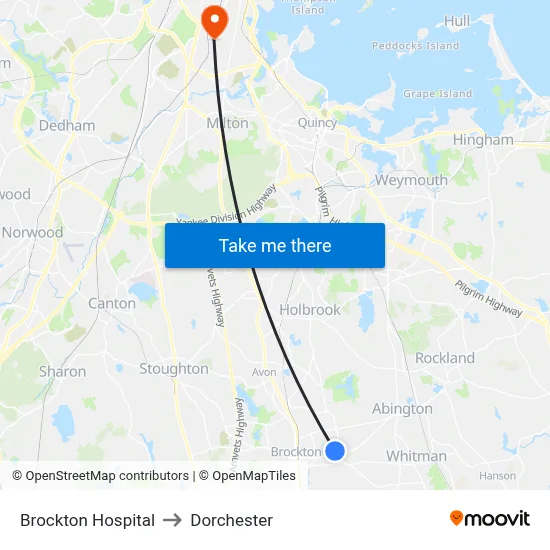 Brockton Hospital to Dorchester map