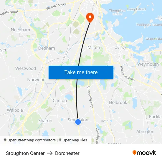 Stoughton Center to Dorchester map