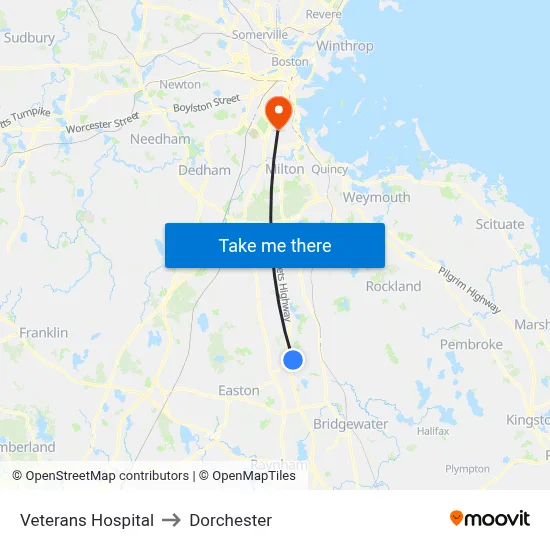Veterans Hospital to Dorchester map