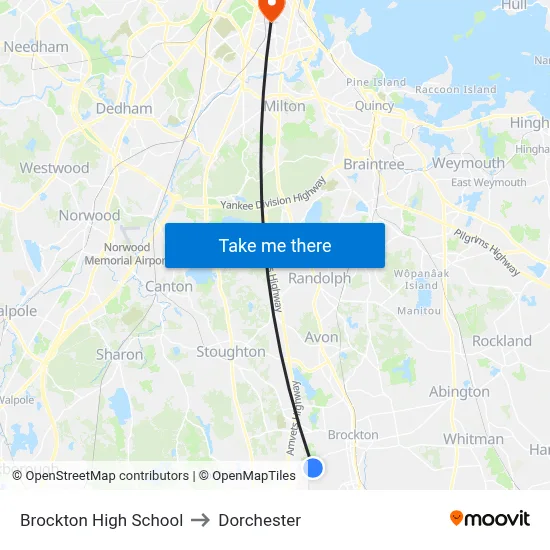 Brockton High School to Dorchester map