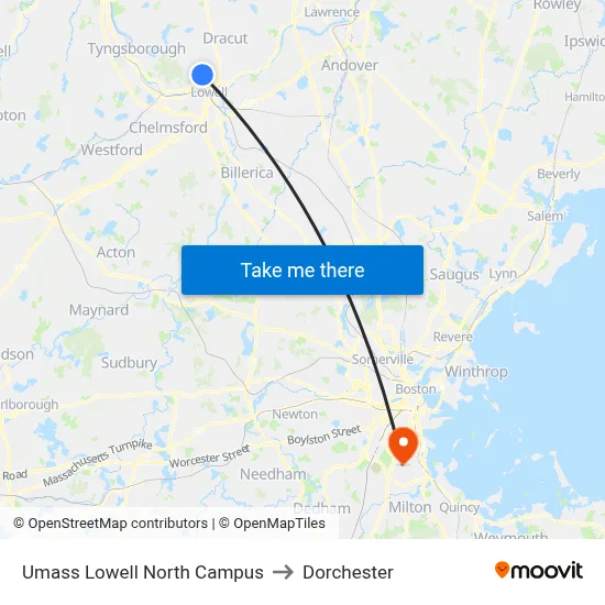 Umass Lowell North Campus to Dorchester map