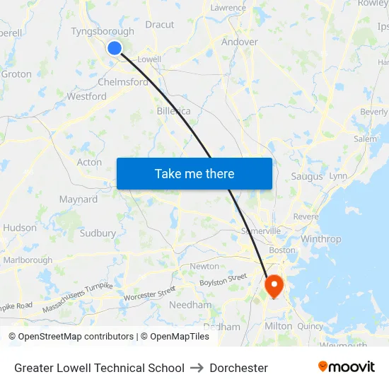 Greater Lowell Technical School to Dorchester map