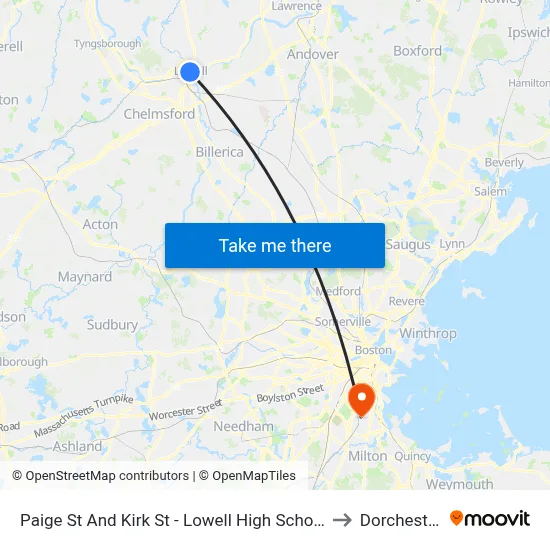 Paige St And Kirk St - Lowell High School to Dorchester map