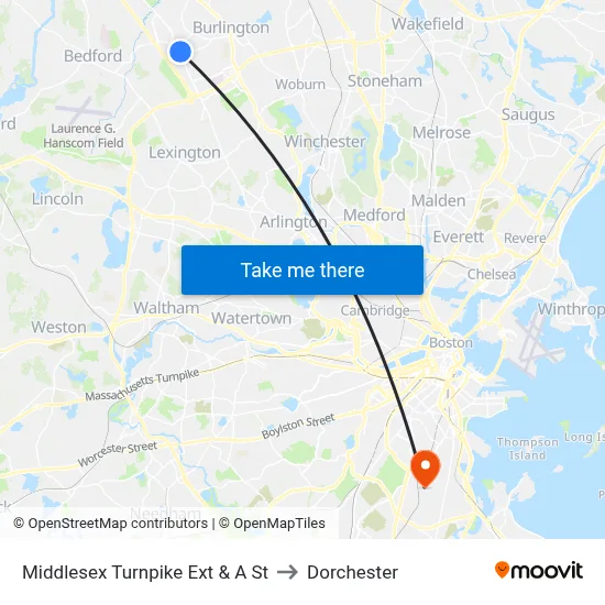 Middlesex Turnpike Ext & A St to Dorchester map