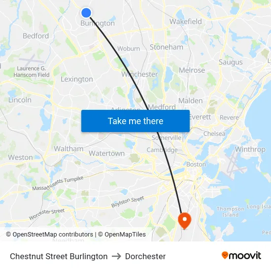 Chestnut Street Burlington to Dorchester map