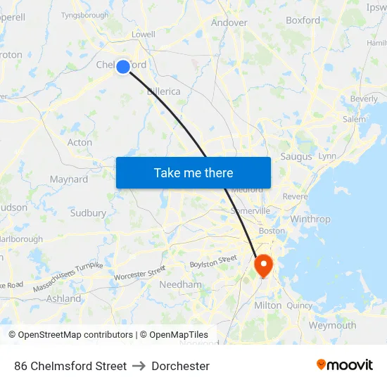 86 Chelmsford Street to Dorchester map