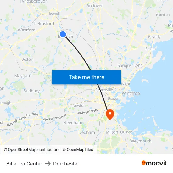 Billerica Center to Dorchester map