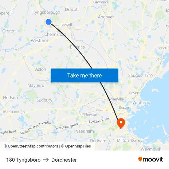 180 Tyngsboro to Dorchester map