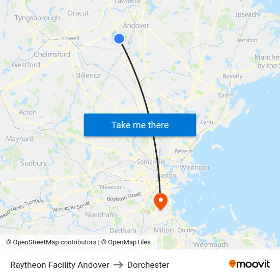 Raytheon Facility Andover to Dorchester map